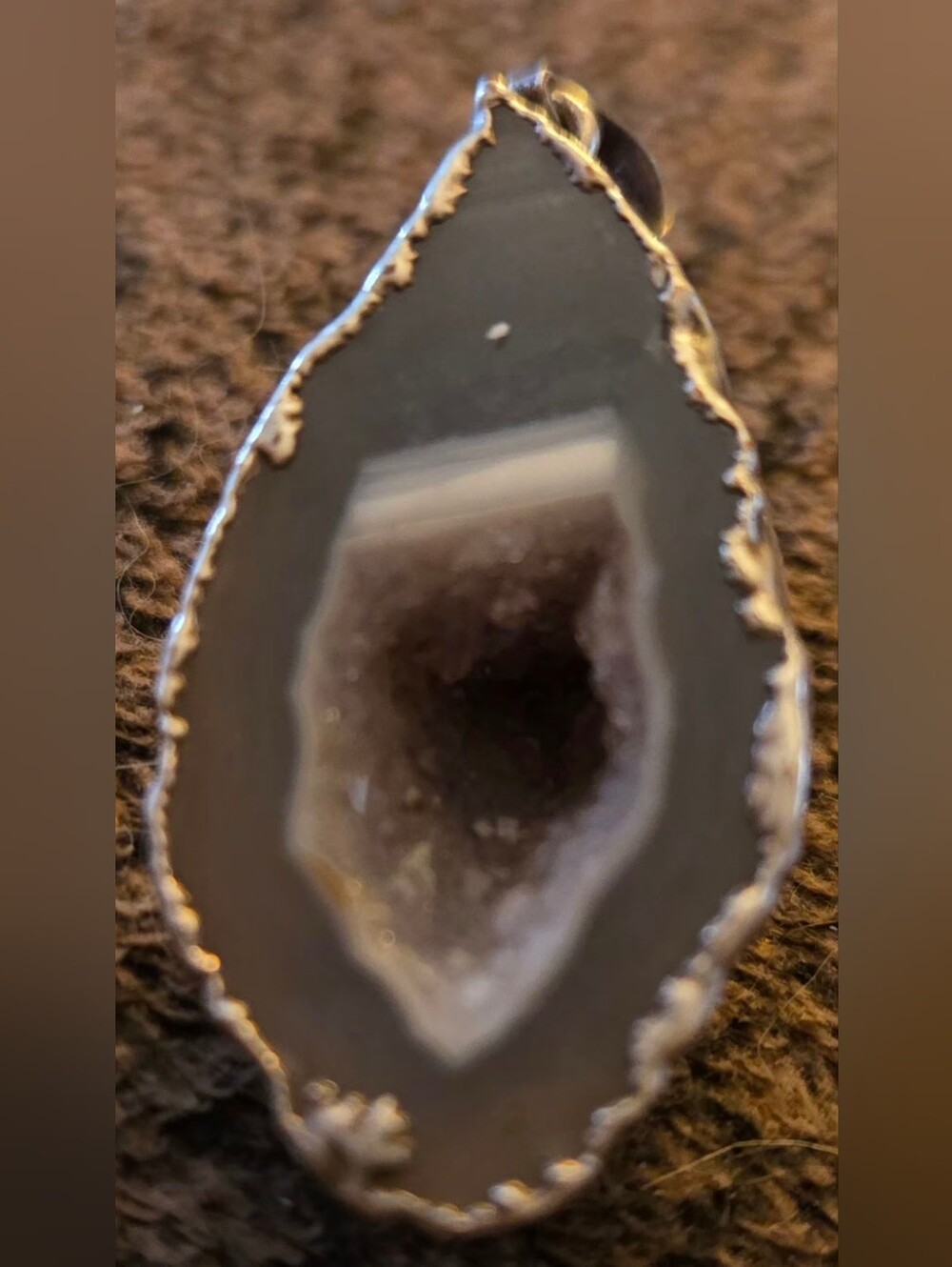 Natural Gray Agate Geode Teardrop Pendant
